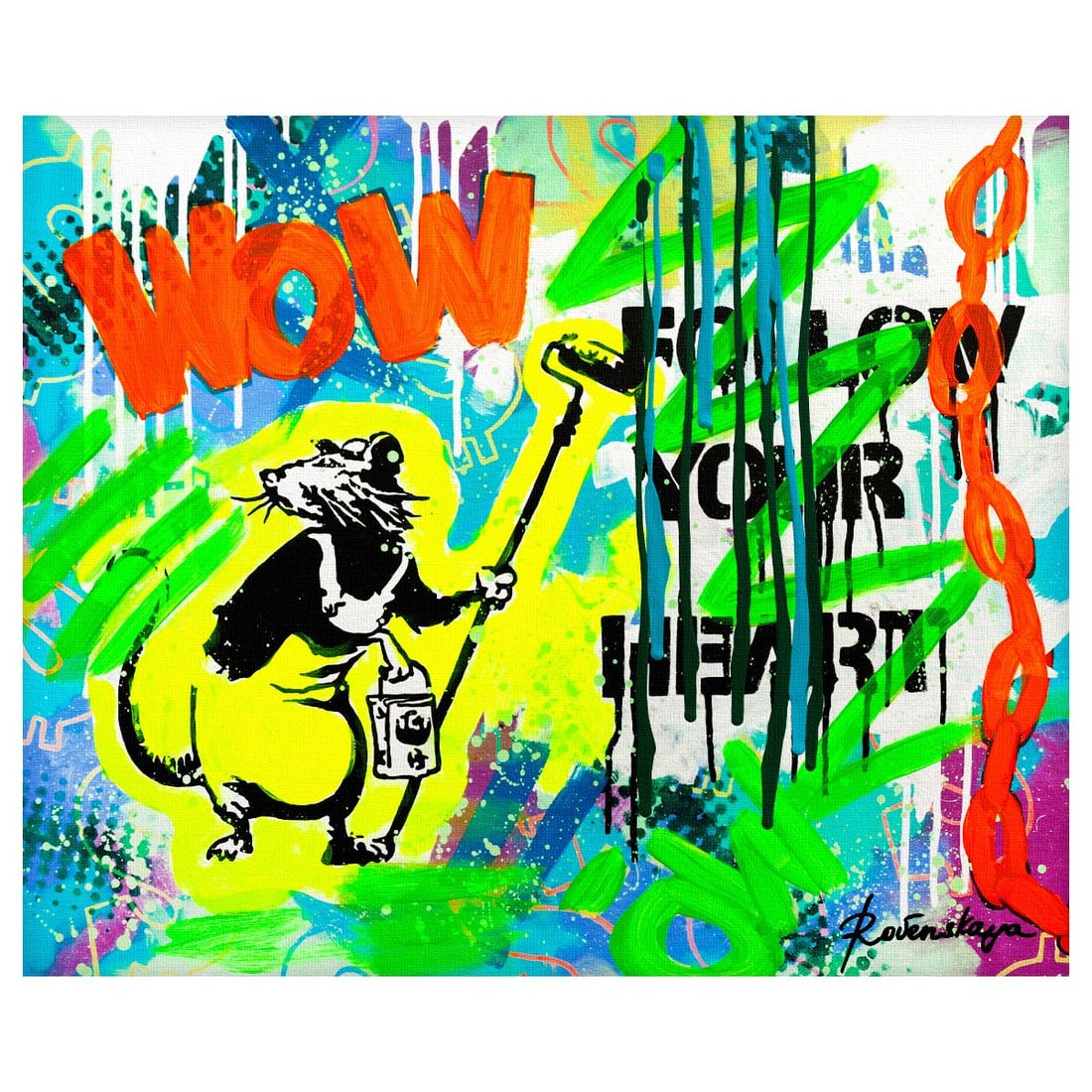 Nastya Rovenskaya- Mixed Media on Canvas "Follow Your Heart II": Artist: Nastya Rovenskaya. Medium: Mixed Media on Canvas. Title: Follow Your Heart II. Size: 20" x 24". Signature: Hand signed. Certificate of Authenticity: Is included. Reference#: 26289.
