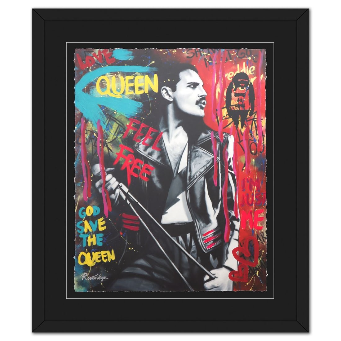 Nastya Rovenskaya- Original Mixed Media on Deckle Edge Paper "Queen": Artist: Nastya Rovenskaya. Medium: Original Mixed Media on Deckle Edge Paper. Title: Queen. Size: 30" x 24". Measures approx. 41" x 35" (framed). Signature: Hand signed. Certificate of Authenticity: I