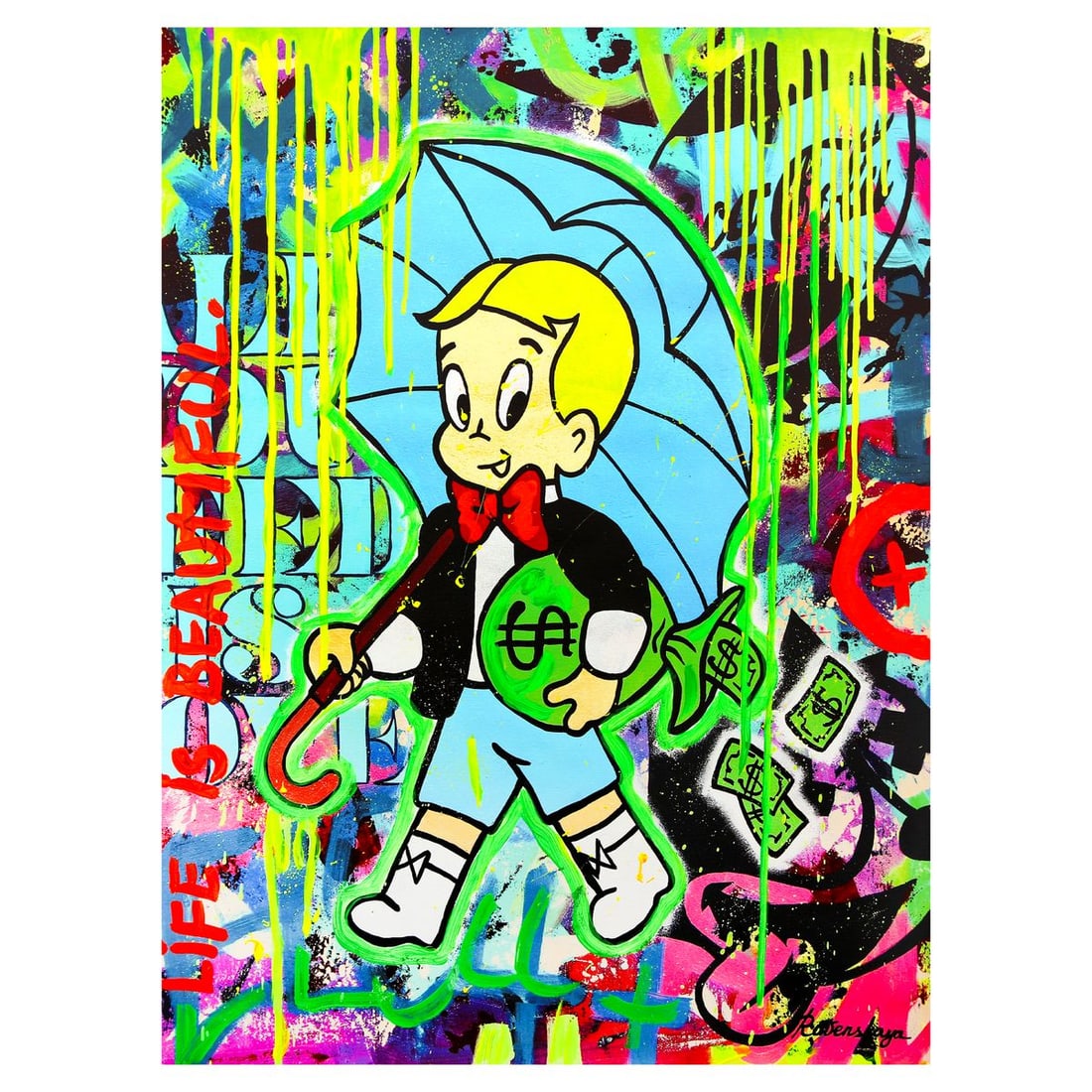 Nastya Rovenskaya- Mixed Media on Canvas "Wealth Under Shelter": Artist: Nastya Rovenskaya. Medium: Mixed Media on Canvas. Title: Wealth Under Shelter. Size: 40" x 30". Signature: Hand Signed. Certificate of Authenticity: Is included. Reference#: 36717.