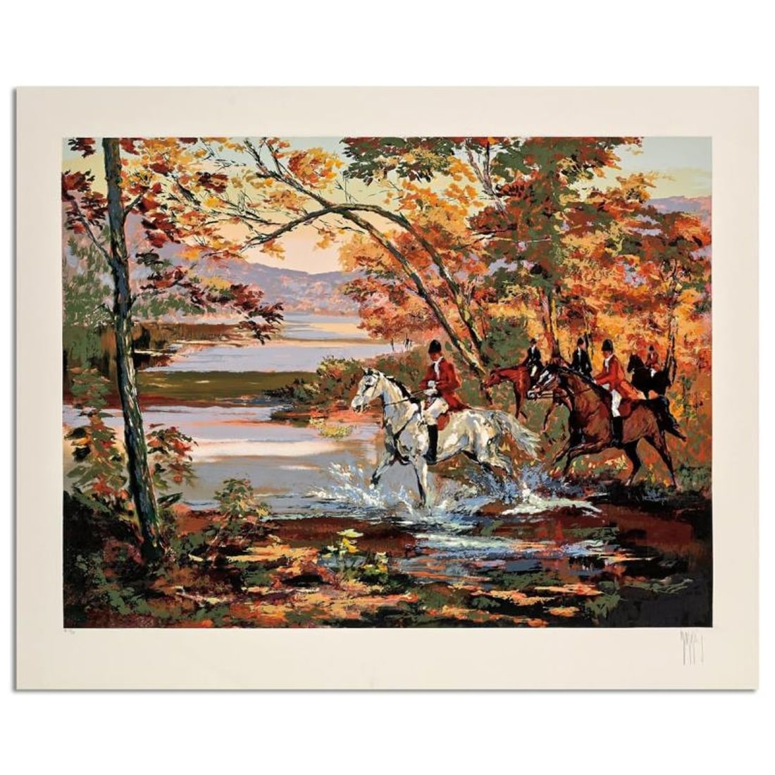 Mark King (1931-2014), "Hunt Crossing" Hand Signed Limited Edition Serigraph with Letter of: Hunt Crossing is a limited edition serigraph on paper by Mark King (1931-2014). Hand signed and numbered, this piece comes with a letter of authenticity and measures approximately 29" x 37" (image). R