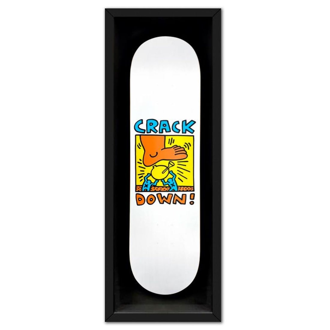 Keith Haring (1958-1990), "Crack Down" Framed Skateboard, Plate Signed with Letter of Authenticity.: Crack Down is a skateboard by Keith Haring (1958-1990), bearing the plate signature of the artist inverso. This triptych comes custom framed. Includes Letter of Authenticity. Measures approx. 38" x 14