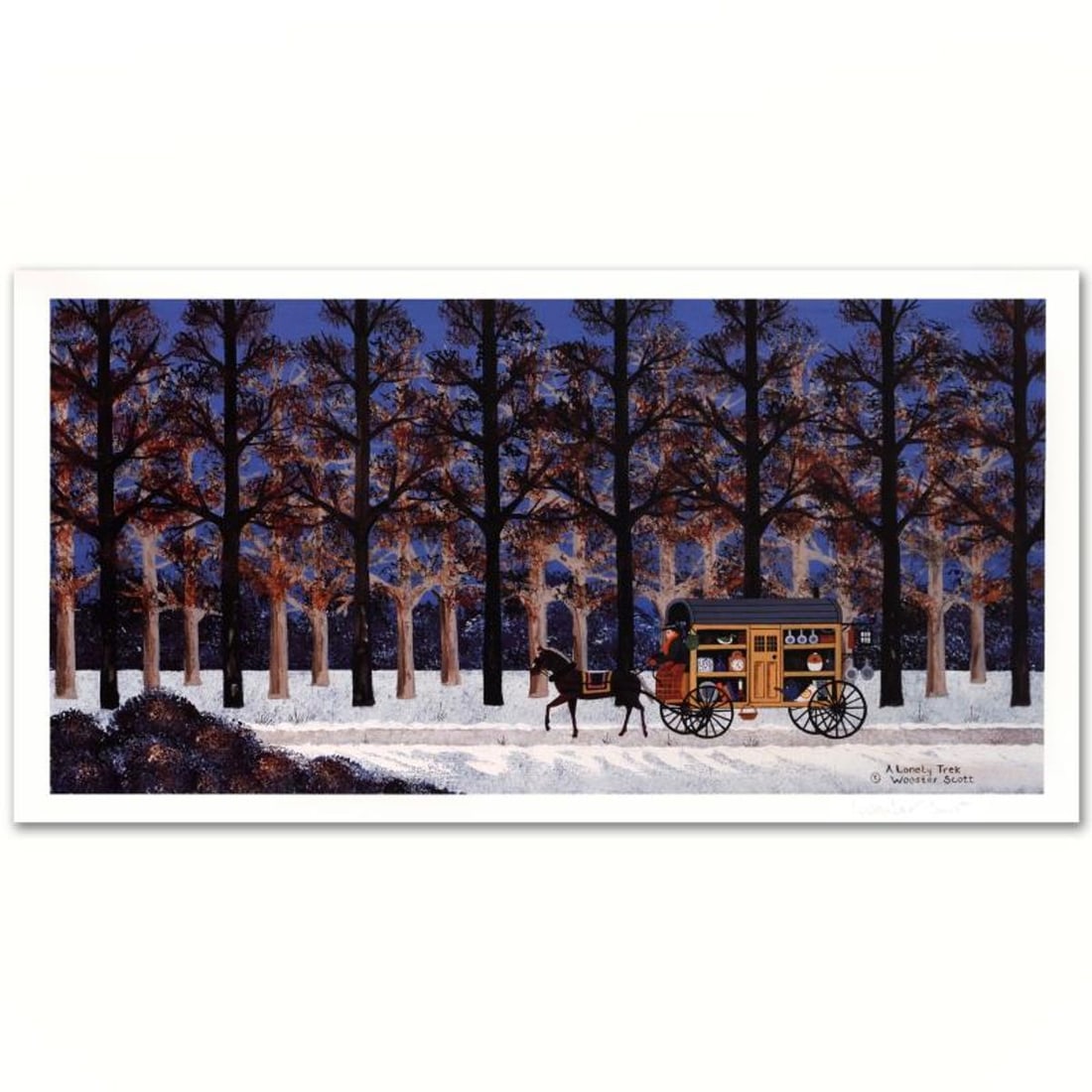 Jane Wooster Scott, "A Lonely Trek" Hand Signed Limited Edition Lithograph with Letter of: A Lonely Trek is a limited edition lithograph on paper by Jane Wooster Scott. The piece is hand signed and numbered and comes with a letter of authenticity. Measures approx. 21" x 11" (with border), 1