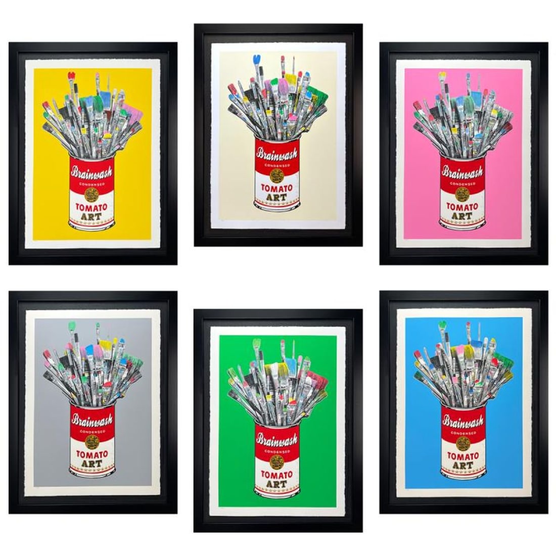 Mr. Brainwash, "Tomato Pop Matching Set" 6 Framed Limited Edition Hand-Finished Silk Screens. Hand: Tomato Pop Matching Set (Yellow, Pink, Off-White, Grey, Green, Blue) is a limited edition uniquely hand-finished silk screen print on paper by Mr Brainwash. The pieces having matching numbers and are 