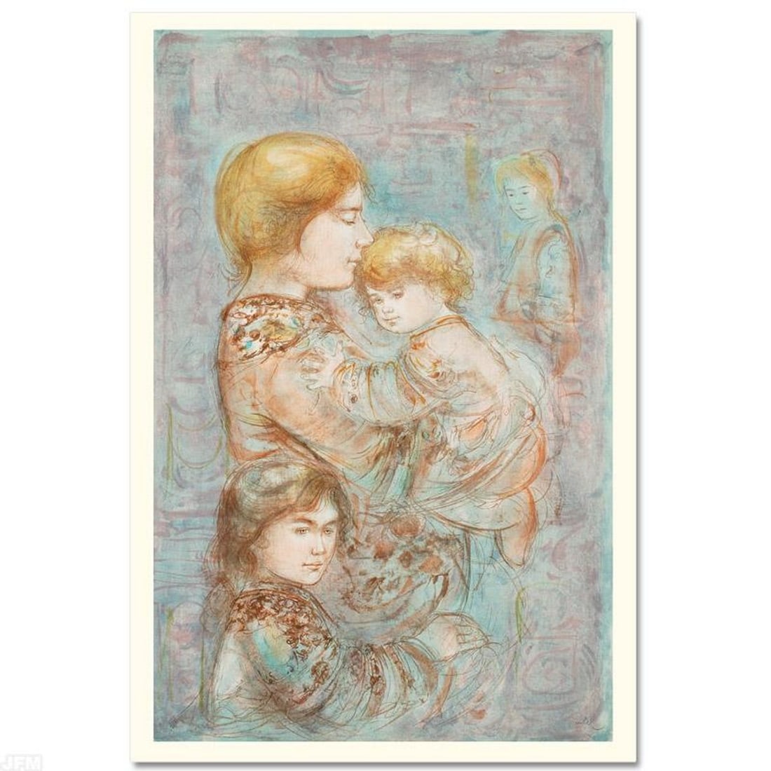 Woman with Children Limited Edition Lithograph (29.5" x 42") by Edna Hibel (1917-2014), Numbered and: Woman with Children is a limited edition lithograph on paper, numbered and hand signed by Edna Hibel (1917-2014). Includes Certificate of Authenticity! Measures approx. 29.5" x 42" (with border), 27" 