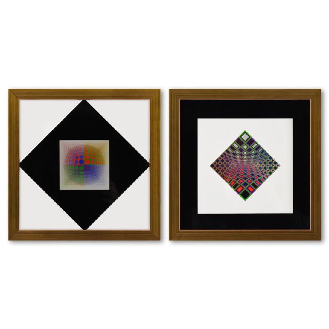 Victor Vasarely (1908-1997), "Ond - Kett et Vega - Pal de la serie Vega (Diptych)" Framed 1971: Ond - Kett et Vega - Pal de la serie Vega (Diptych) is a set of heliogravure prints on paper, published in 1971, by Victor Vasarely (1908-1997). These pieces come custom framed, with a letter of authe