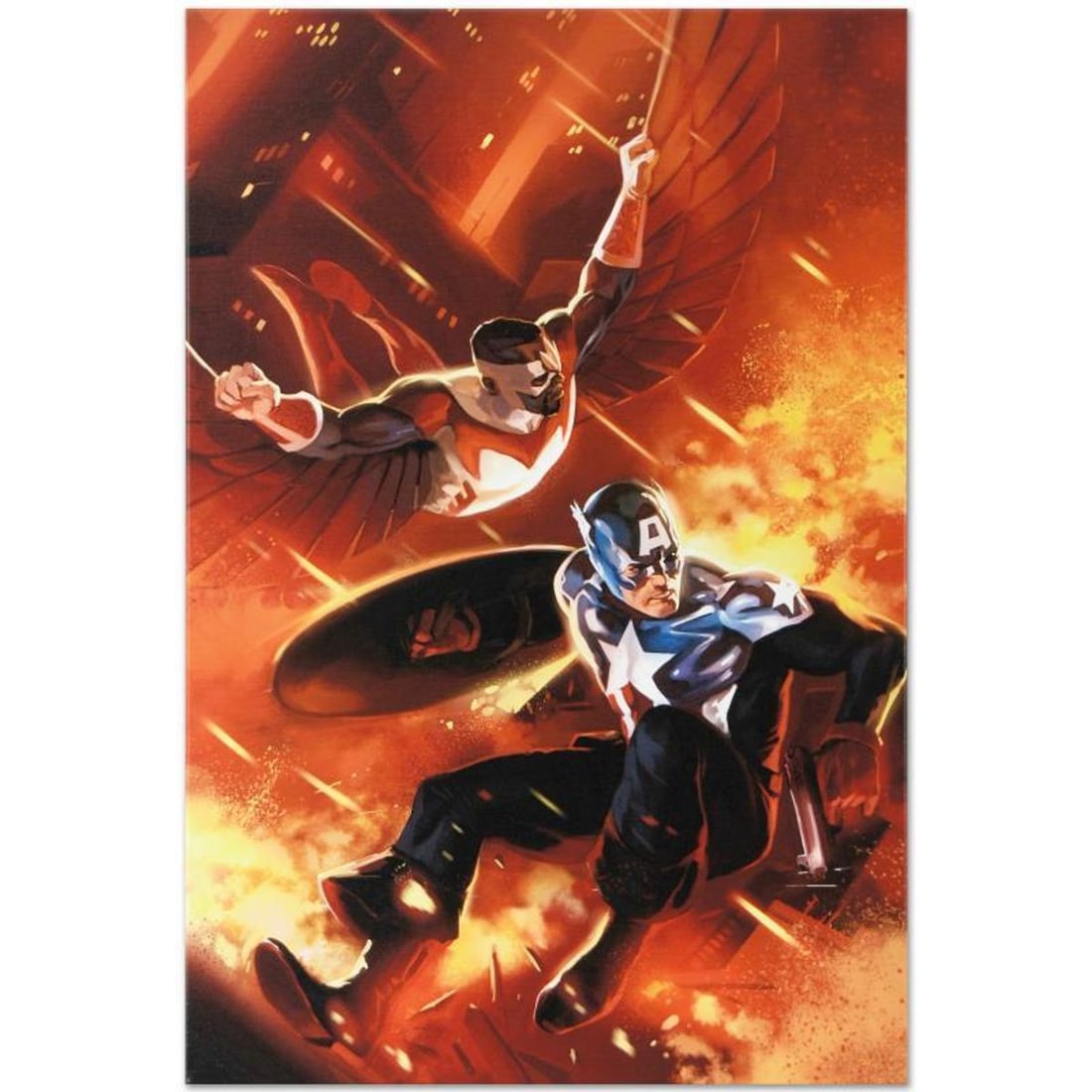 Marvel Comics "Captain America #607" Numbered Limited Edition Giclee on Canvas by Mitchell: A piece of comic book history, this limited edition, from original art by Mitchell Breitweiser, depicts an iconic image of Captain America with The Falcon. Since 2005, Mitchell Breitweiser has been pe