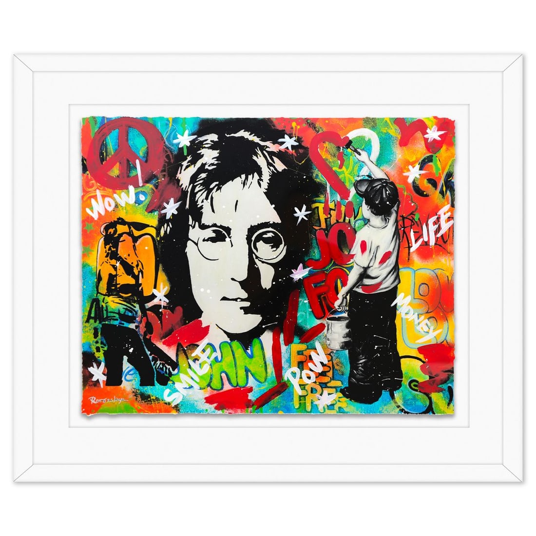 Nastya Rovenskaya- Original Mixed Media on Deckle Edge Paper "Imagine All The People": Artist: Nastya Rovenskaya. Medium: Original Mixed Media on Deckle Edge Paper. Title: Imagine All The People. Size: 24" x 30". Measures approx. 35" x 41" (framed). Signature: Hand signed. Certificate o