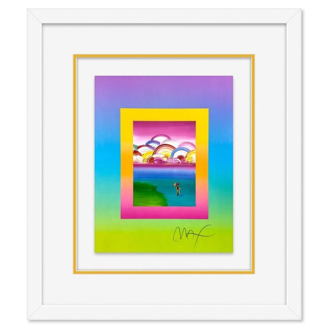 Peter Max, "Umbrella Man with Rainbow Sky on Blends" Framed Limited Edition Lithograph, Numbered and: Umbrella Man with Rainbow Sky on Blends is a limited edition lithograph on paper by Peter Max, numbered and hand signed by the artist. This piece comes framed. Includes Certificate of Authenticity fro