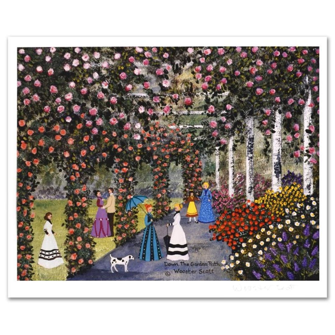 Jane Wooster Scott, "Down the Garden Path" Hand Signed Limited Edition Lithograph with Letter of: Down the Garden Path is a limited edition lithograph on paper by Jane Wooster Scott. The piece is hand signed and numbered and comes with a letter of authenticity. Measures approx. 14" x 12" (with bor