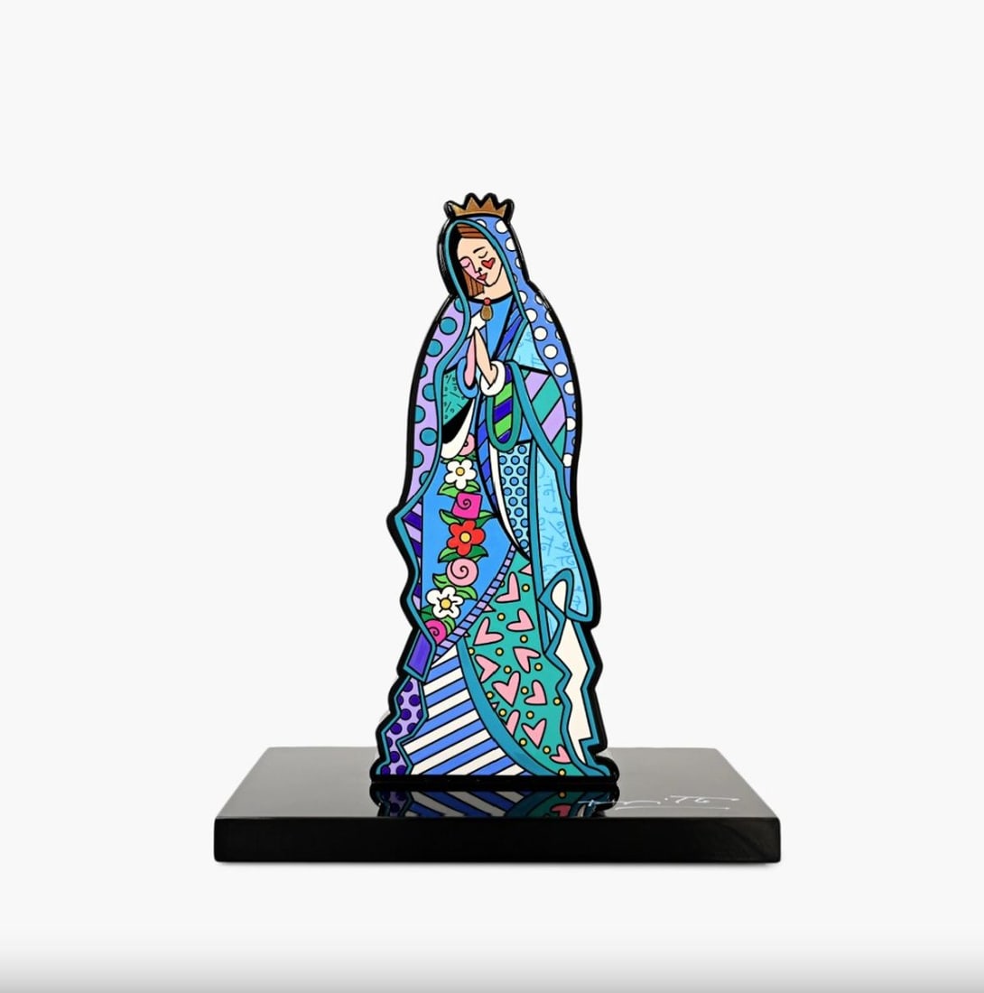 Romero Britto- Resin Sculpture with Hand Embellishments "Virgin Mary": Artist: Romero Britto. Medium: Resin Sculpture with Hand Embellishments. Title: Virgin Mary. Size: 8.75" x 11.13". Signature: Hand signed by the artist and includes an exclusive hologram. Certificate 