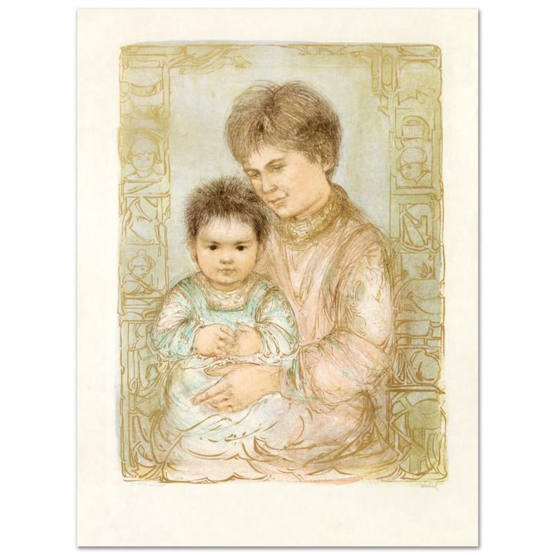 Ulla and Eric Limited Edition Lithograph by Edna Hibel (1917-2014), Numbered and Hand Signed with: Ulla and Eric is a limited edition lithograph on rice paper, numbered and hand signed by Edna Hibel (1917-2014). Includes Certificate of Authenticity! Measures approx. 22.5" x 30" (with border), 18" x