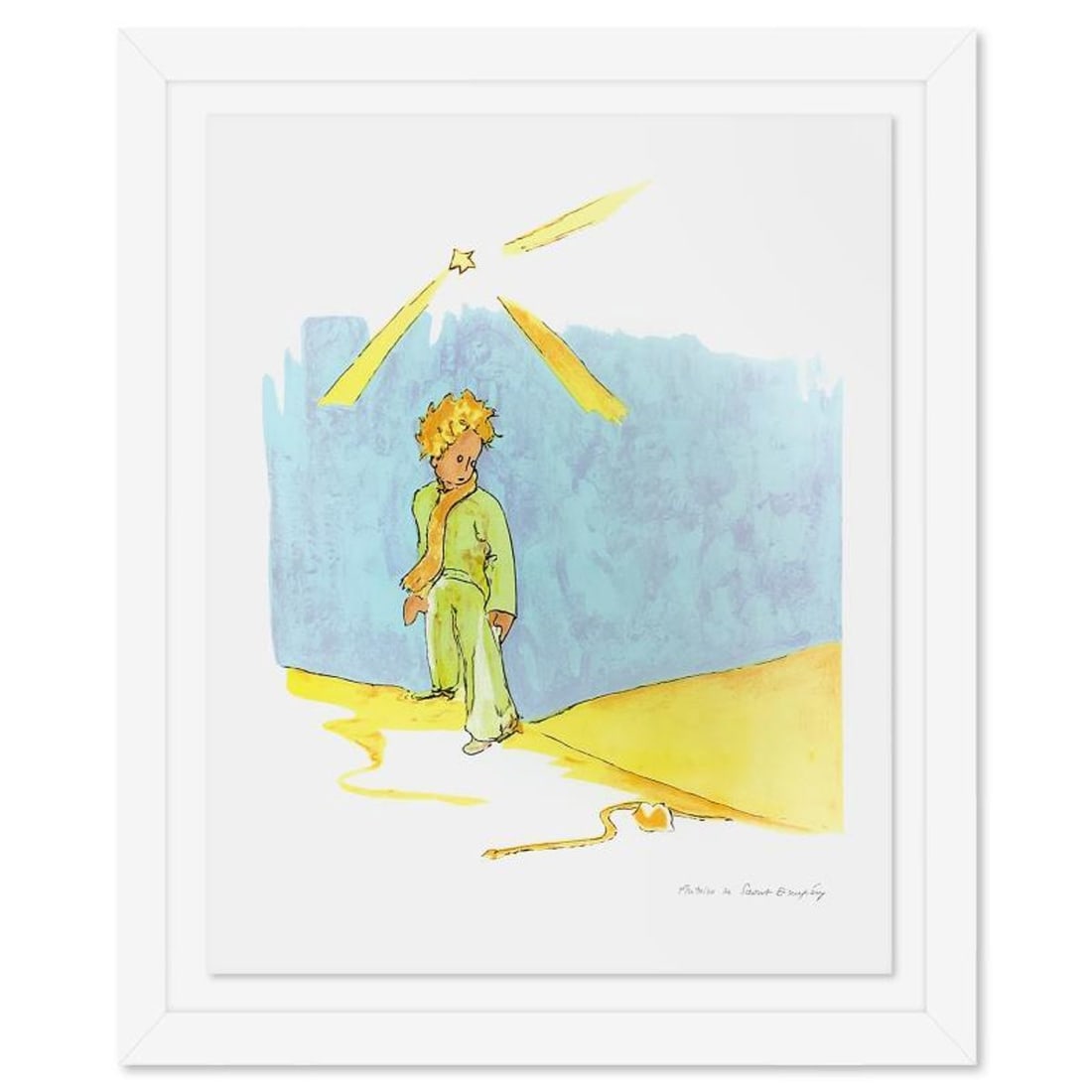 Antoine de Saint-Exupery 1900-1944 (After), "The Little Prince And The Snake at the Wall" Framed: The Little Prince And The Snake at the Wall is a limited edition lithograph by Antoine de Saint-Exupery (1900-1944), bearing the plate signature of the artist. This piece comes from an edition of 300 