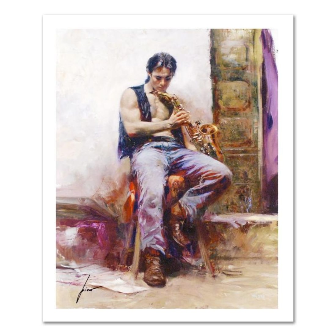Pino (1939-2010), "Music Lover" Limited Edition on Canvas, Numbered and Hand Signed with Certificate: Music Lover is a limited edition giclee on canvas by Pino (1939-2010), numbered and hand signed by the artist. Includes Certificate of Authenticity. Measures approx. 14" x 18" (image). Reference#: 928