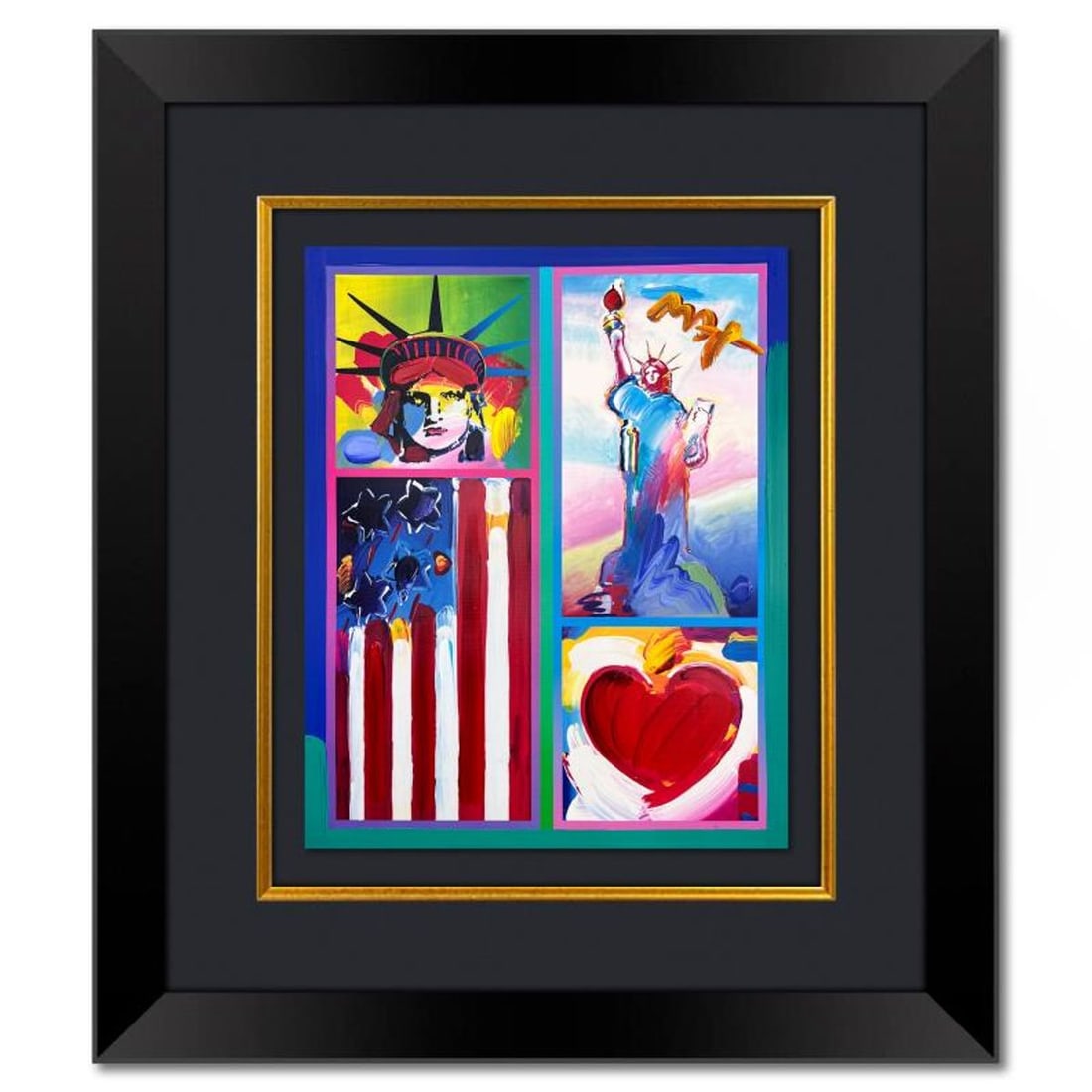 Peter Max, "2 Liberties, Flag and Heart" Framed One-of-a-Kind Mixed Media, Hand Signed with: 2 Liberties, Flag and Heart is a one-of-a-kind mixed media on paper, hand signed by Peter Max. The piece comes custom framed with a backside cutout to display Peter Max Studio registration number 2168