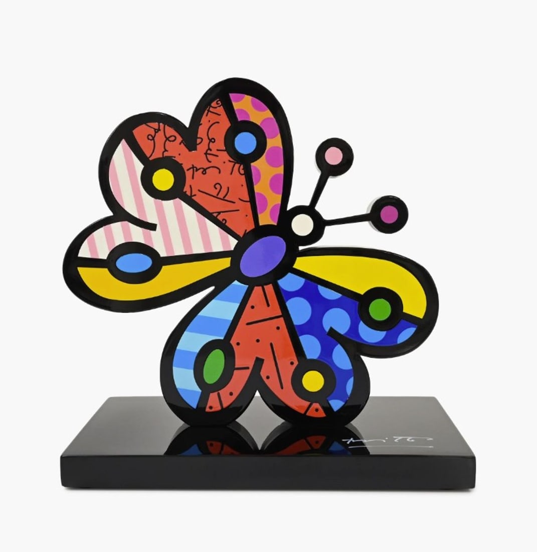 Romero Britto- Resin Sculpture with Hand Embellishments "Garden Butterfly": Artist: Romero Britto. Medium: Resin Sculpture with Hand Embellishments. Title: Garden Butterfly. Size: 8.75" x 7.88". Signature: Hand signed by the artist and includes an exclusive hologram. Certific