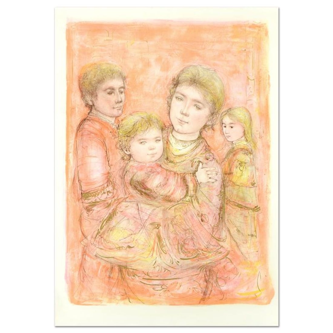 Edna Hibel (1917-2014), "Portrait of a Family" Limited Edition Lithograph, Numbered and Hand Signed: Portrait of a Family is a limited edition lithograph on paper by Edna Hibel (1917-2014), numbered and hand signed by the artist. Includes Certificate of Authenticity. Measures approx. 31.5" x 45" (bor