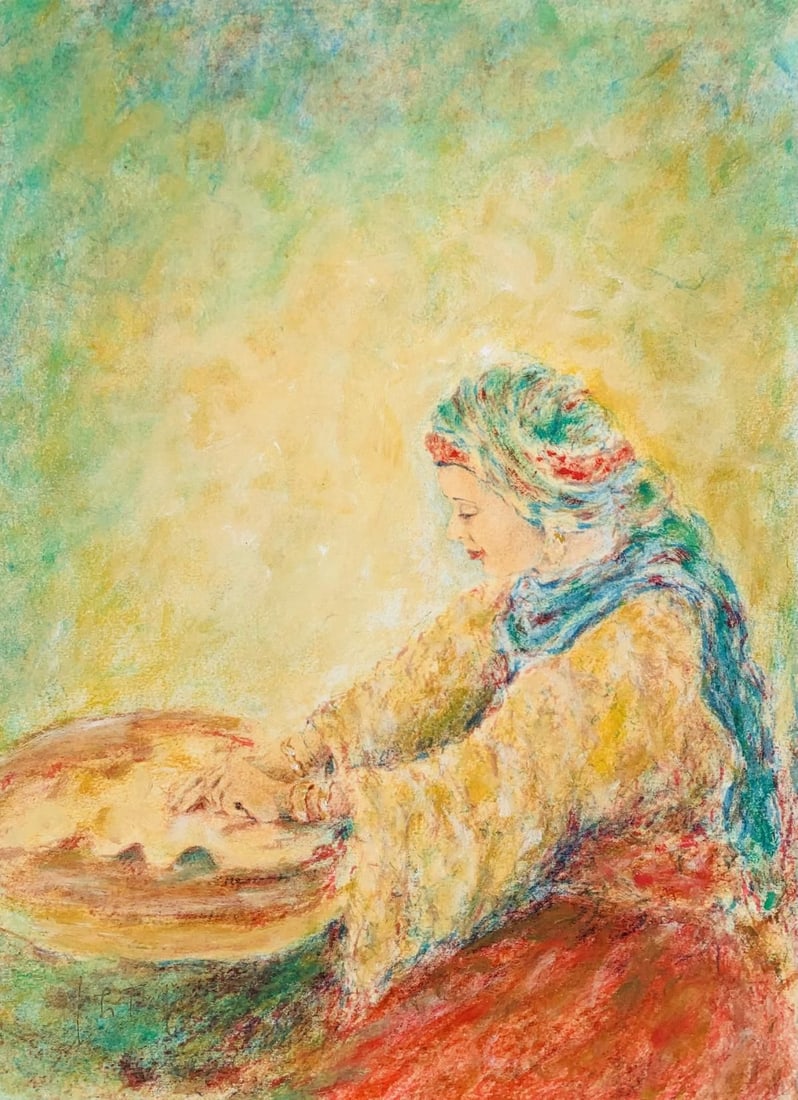 Itzhak Tordjman- Pastel paint over lithograph on paper "From the Woman of Valor series": Artist: Itzhak Tordjman. Medium: Pastel paint over lithograph on paper. Title: From the Woman of Valor series. Size: 18" x 14". Signature: Hand signed. Reference#: 28095.
