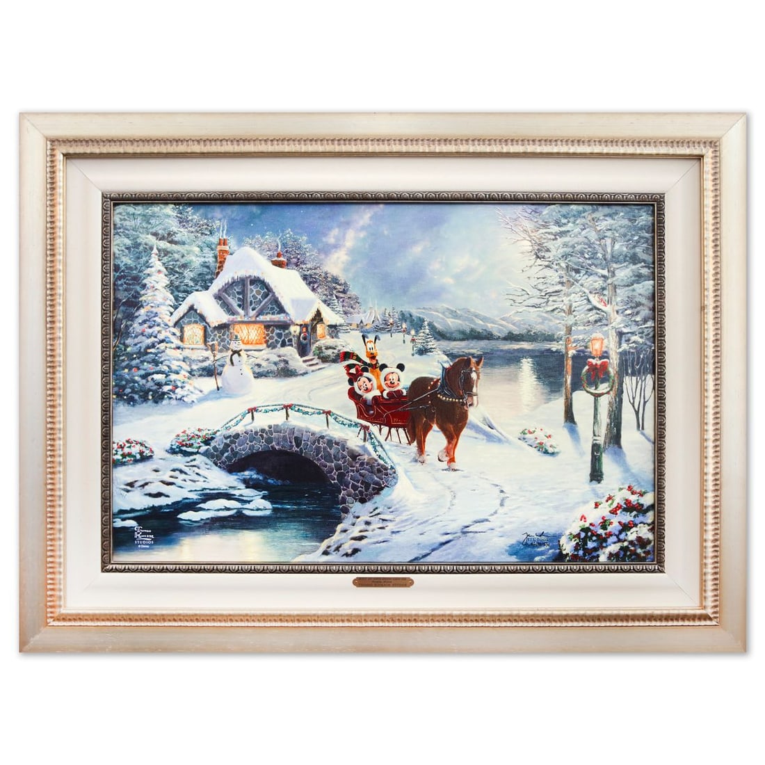 Thomas Kinkade- Hand Embellished Giclee on Canvas "Mickey and Minnie evening sleigh ride": Artist: Thomas Kinkade. Medium: Hand Embellished Giclee on Canvas. Title: Mickey and Minnie evening sleigh ride. Size: 17.5" x 26.5". Measures approx. 27" x 32" (framed). Signature: Hand signed and