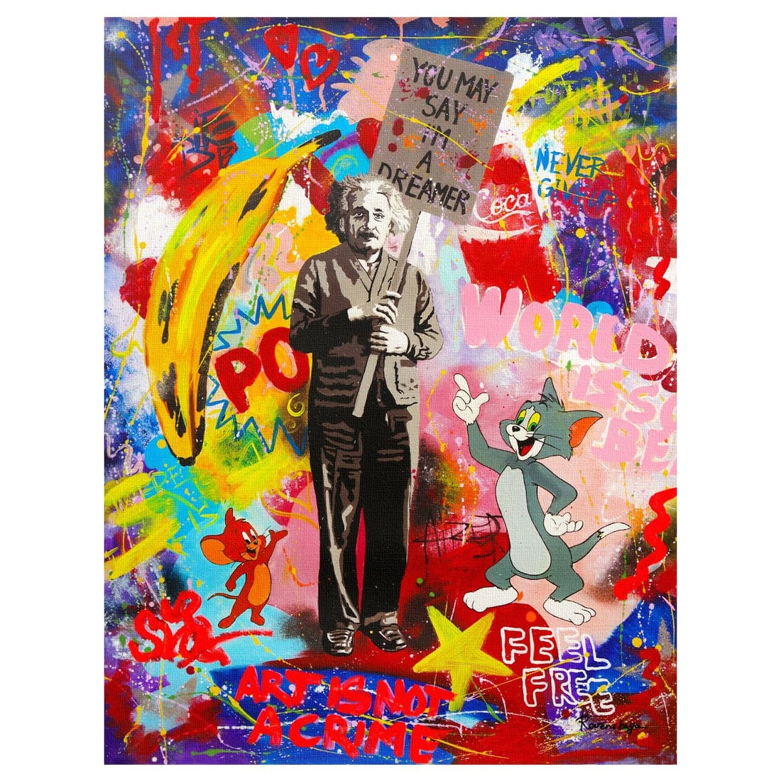 Nastya Rovenskaya- Original Mixed Media on Canvas "You May Say I'm a Dreamer": Artist: Nastya Rovenskaya. Medium: Original Mixed Media on Canvas. Title: You May Say I'm a Dreamer. Size: 40" x 30". Signature: Hand Signed by the artist. Certificate of Authenticity: From the