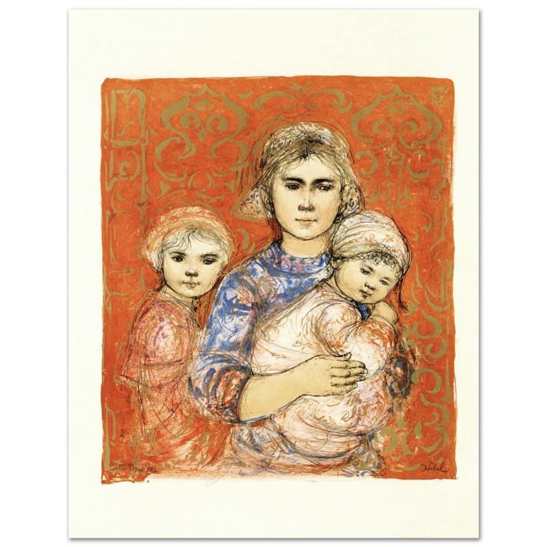 Jenet, Mary and Wee Jenet Limited Edition Lithograph by Edna Hibel (1917-2014), Numbered and Hand: Jenet, Mary and Wee Jenet is a limited edition lithograph on rice paper, numbered and hand signed by Edna Hibel (1917-2014). Includes Certificate of Authenticity! Measures approx. 19.5" x 25.5" (with 