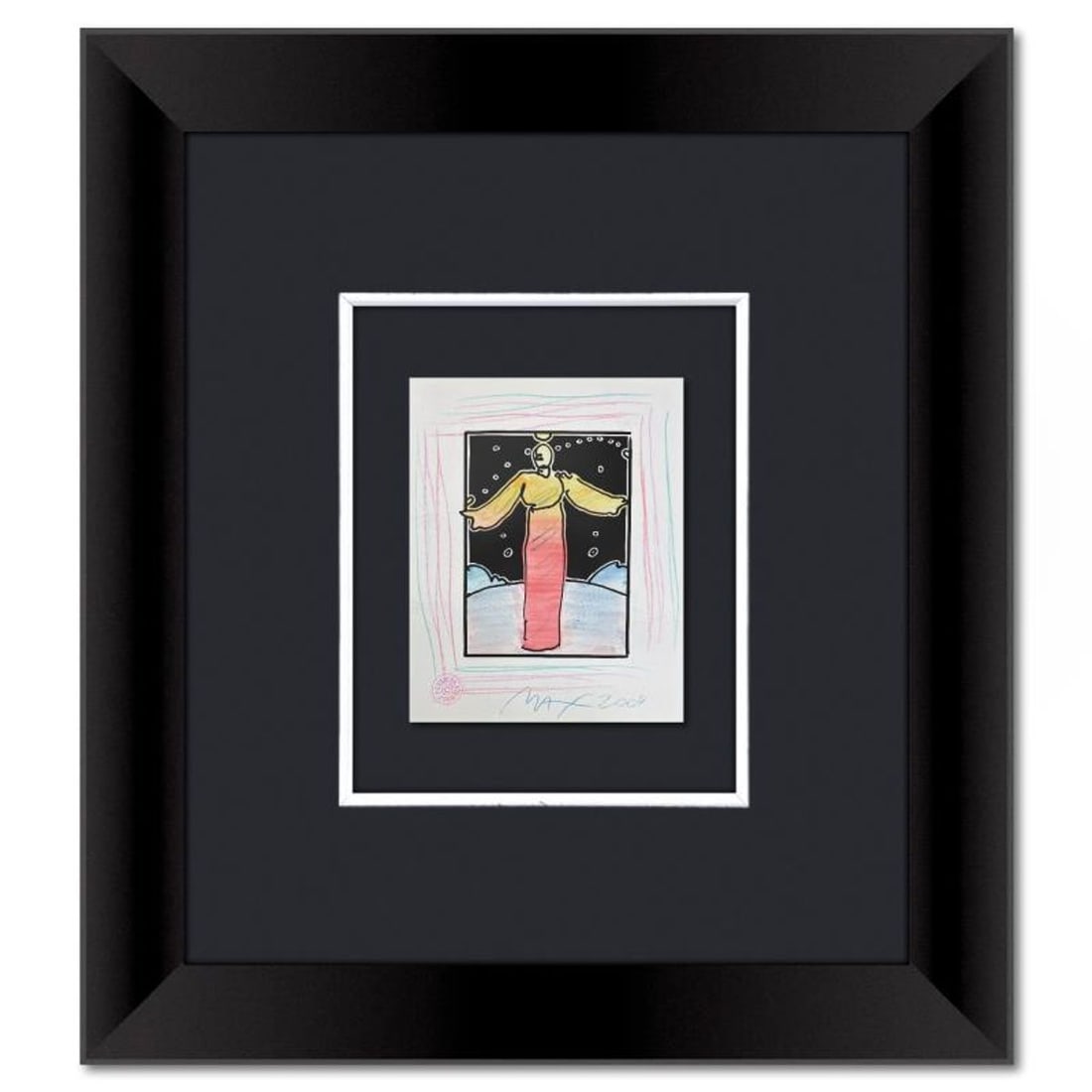 Peter Max, Framed One-of-a-Kind Mixed Media, Hand Signed with Registration Number Certifying: This is a one-of-a-kind mixed media on paper, hand signed by Peter Max. The piece comes custom framed with a backside cutout to display Peter Max Studio registration number 370859 certifying