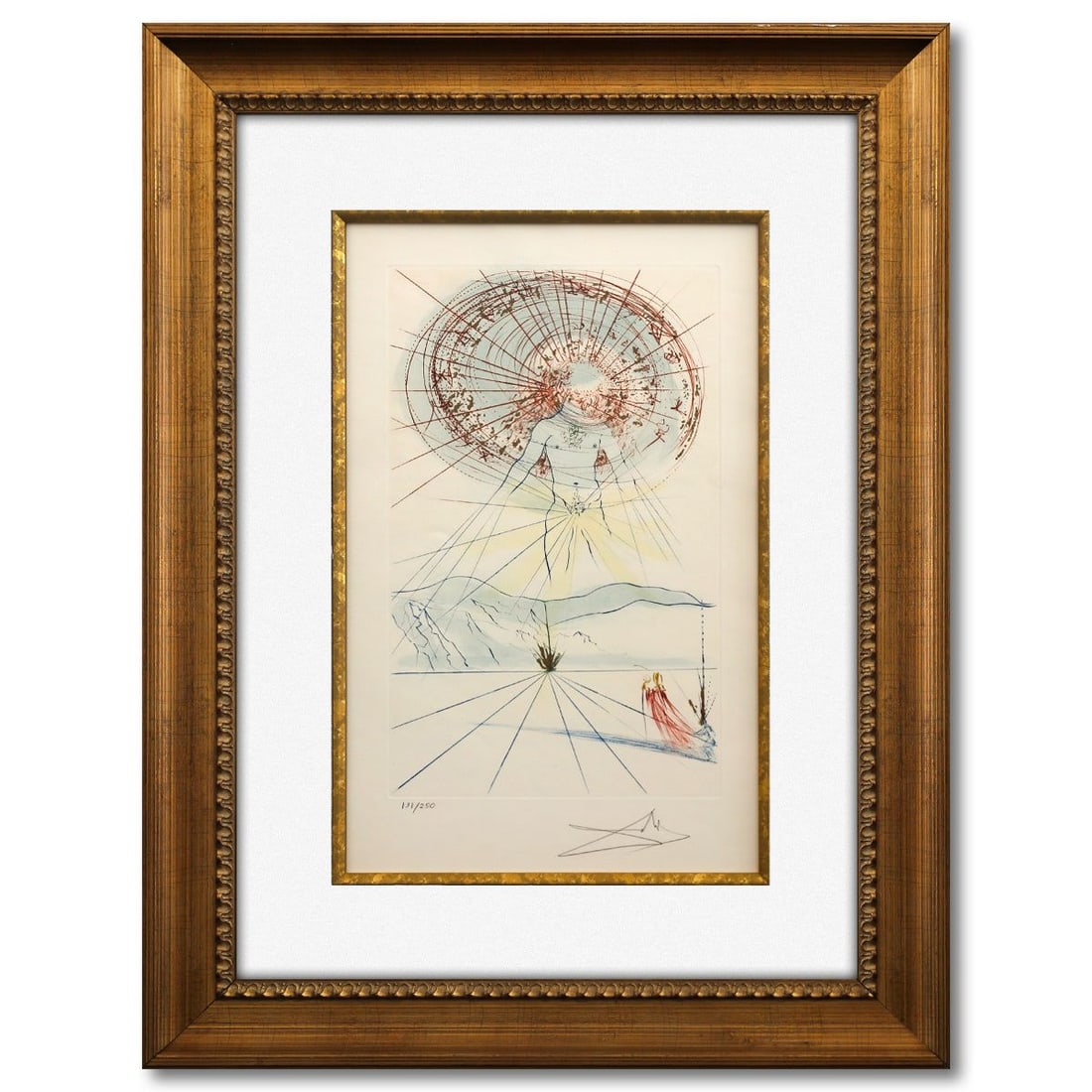 Salvador Dali- Original Lithograph "The Bridegroom Leaps from Song of Songs of Solomon portfolio": Artist: Salvador Dali. Medium: Original Lithograph. Title: The Bridegroom Leaps from Song of Songs of Solomon portfolio. Size: 20" x 12". Measures approx. 31" x 24" (framed). Signature: Hand signed