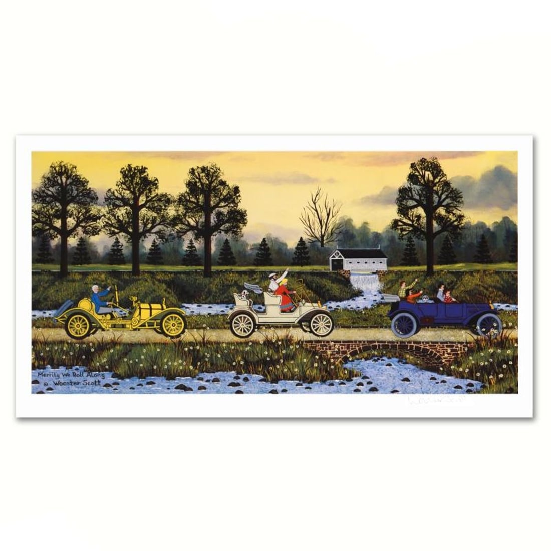 Jane Wooster Scott, "Merrily We Roll Along" Hand Signed Limited Edition Lithograph with Letter of: Merrily We Roll Along is a limited edition lithograph on paper by Jane Wooster Scott. The piece is hand signed and numbered and comes with a letter of authenticity. Measures approx. 17" x 10" (with bo