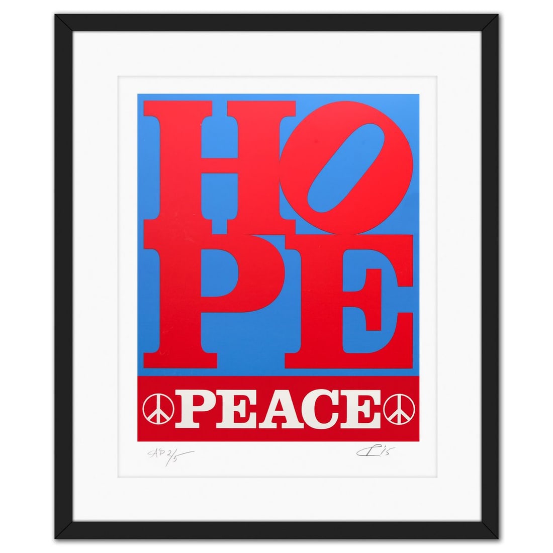 Robert Indiana- Screenprint in colors on wove paper "Hope (Peace)": Artist: Robert Indiana. Medium: Screenprint in colors on wove paper. Title: Hope (Peace). Size: 34" x 27". Measures approx. 45" x 38" (framed). Signature: Hand signed and numbered. Certificate of Auth