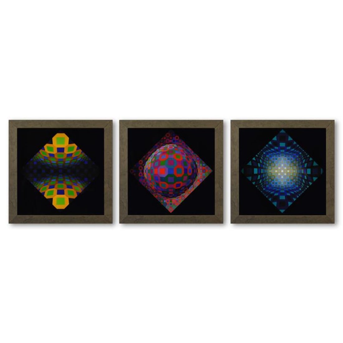 Victor Vasarely (1908-1997), "Okta - Pos de la serie Structures Universelles De L'Octogone: Okta - Stri, Planetary, et Ondocto - Re de la serie Structures Universelles De L'Octogone (Triptych) is a set of heliogravure prints on paper, published in 1975, by Victor Vasarely (1908-1997). These 
