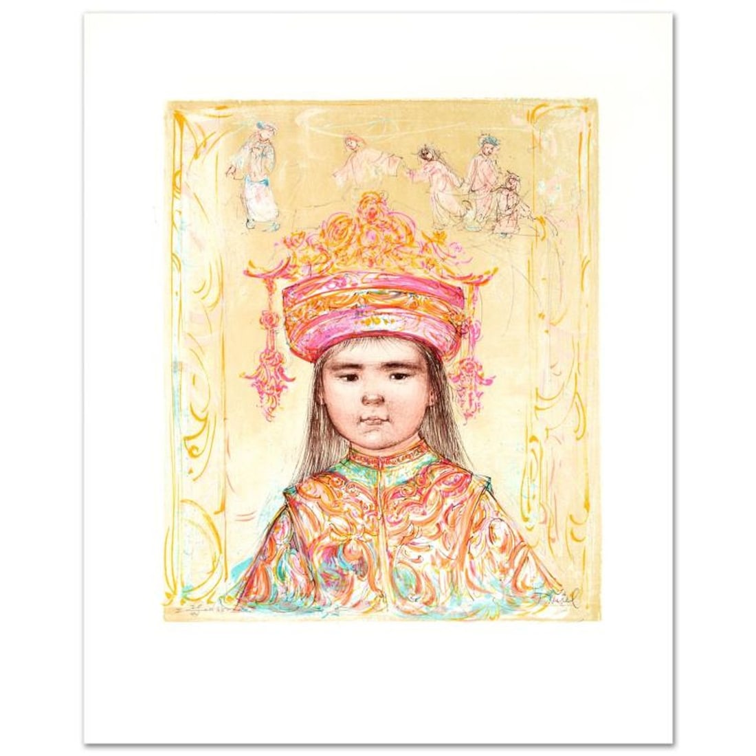 Oriental Daydream Limited Edition Lithograph by Edna Hibel (1917-2014), Numbered and Hand Signed: Oriental Daydream is a limited edition lithograph on paper, numbered and hand signed by Edna Hibel (1917-2014). Includes Certificate of Authenticity! Measures approx. 18" x 22" (with border), 13" x 16
