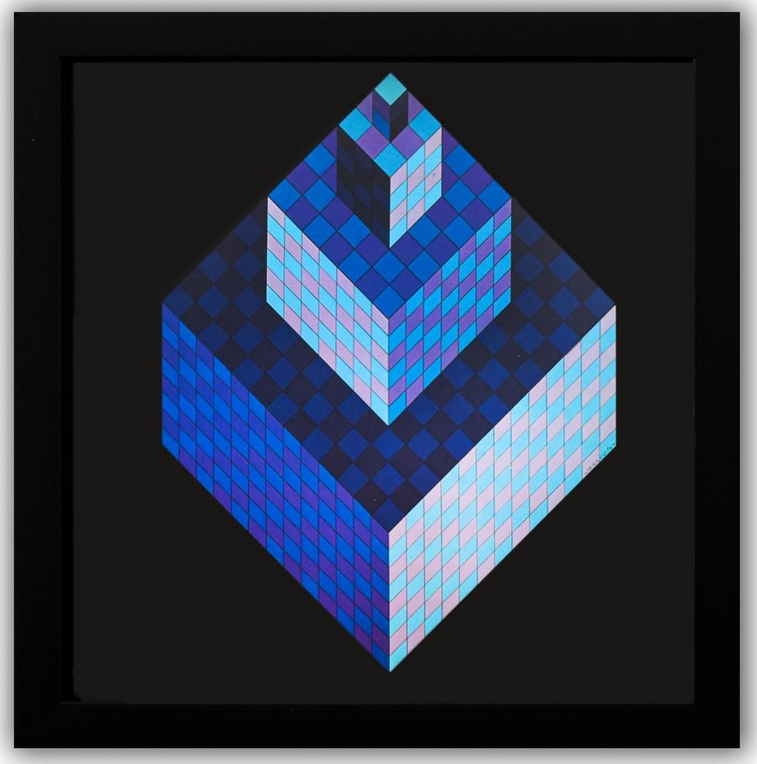 Victor Vasarely- Heliogravure Print "Axo - New York": Artist: Victor Vasarely. Medium: Heliogravure Print. Title: Axo - New York. Size: 10" x 10". Measures approx. 12" x 12" (framed). Additional: Custom Framed , 1975. Reference#: 21402.
