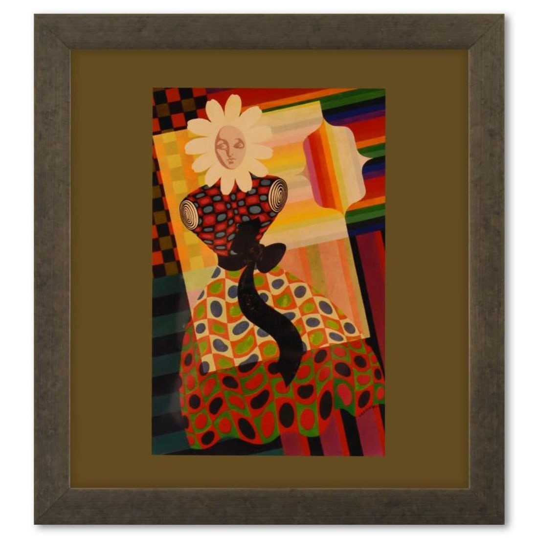 Victor Vasarely (1908-1997), "Fille - Fleur - 2 de la serie Graphismes 2" Framed 1977 Heliogravure: Fille - Fleur - 2 de la serie Graphismes 2 is a heliogravure print on paper, published in 1977, by Victor Vasarely (1908-1997). This piece comes custom framed, with a letter of authenticity and with a