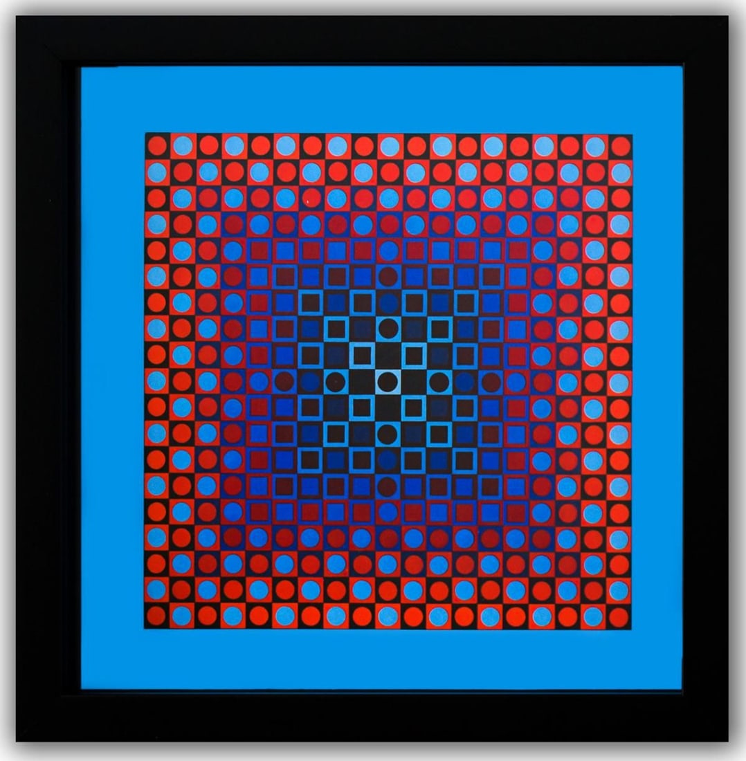 Victor Vasarely- Heliogravure Print "Alom (Blue/Red)": Artist: Victor Vasarely. Medium: Heliogravure Print. Title: Alom (Blue/Red). Size: 10" x 10". Measures approx. 12" x 12" (framed). Additional: Custom Framed , 1971. Reference#: 21393.