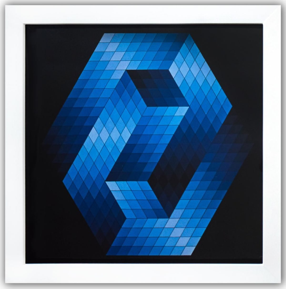 Victor Vasarely- Heliogravure Print "Gestalt - Bleu": Artist: Victor Vasarely. Medium: Heliogravure Print. Title: Gestalt - Bleu. Size: 10" x 10". Measures approx. 12" x 12" (framed). Additional: Custom Framed , 1971. Reference#: 21383.