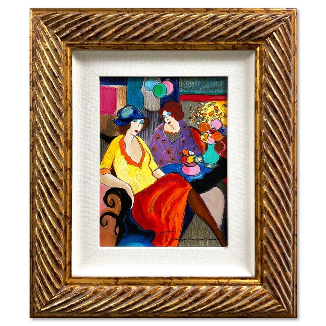 Itzchak Tarkay (1935-2012), "Chit Chat" Framed One-of-a-Kind Mixed Media Over Paint on Wood, Hand: Chit Chat is a one-of-a-kind mixed media over paint on wood by Itzchak Tarkay (1935-2012), hand signed by the artist. This piece comes custom framed. Includes Letter of Authenticity. Measures approx. 