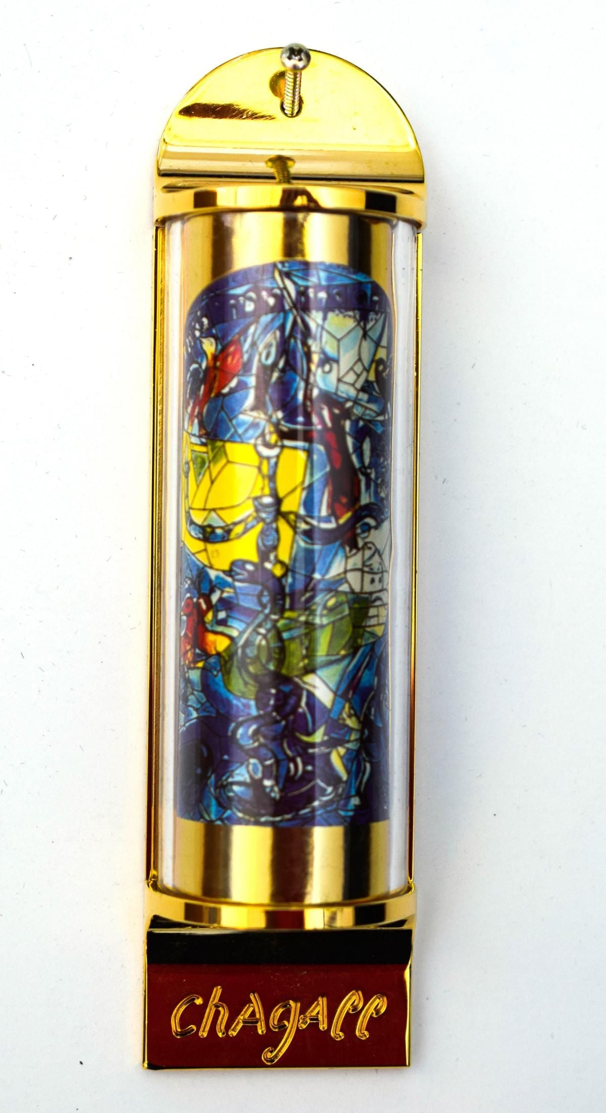 Marc Chagall- Mezuzah - silkscreen on 24K gold plated bronze "12 Tribes Hadassah Windows - Dan": Artist: Marc Chagall. Medium: Mezuzah - silkscreen on 24K gold plated bronze. Title: 12 Tribes Hadassah Windows - Dan. Size: 5" x 1.5". Reference#: 15775.