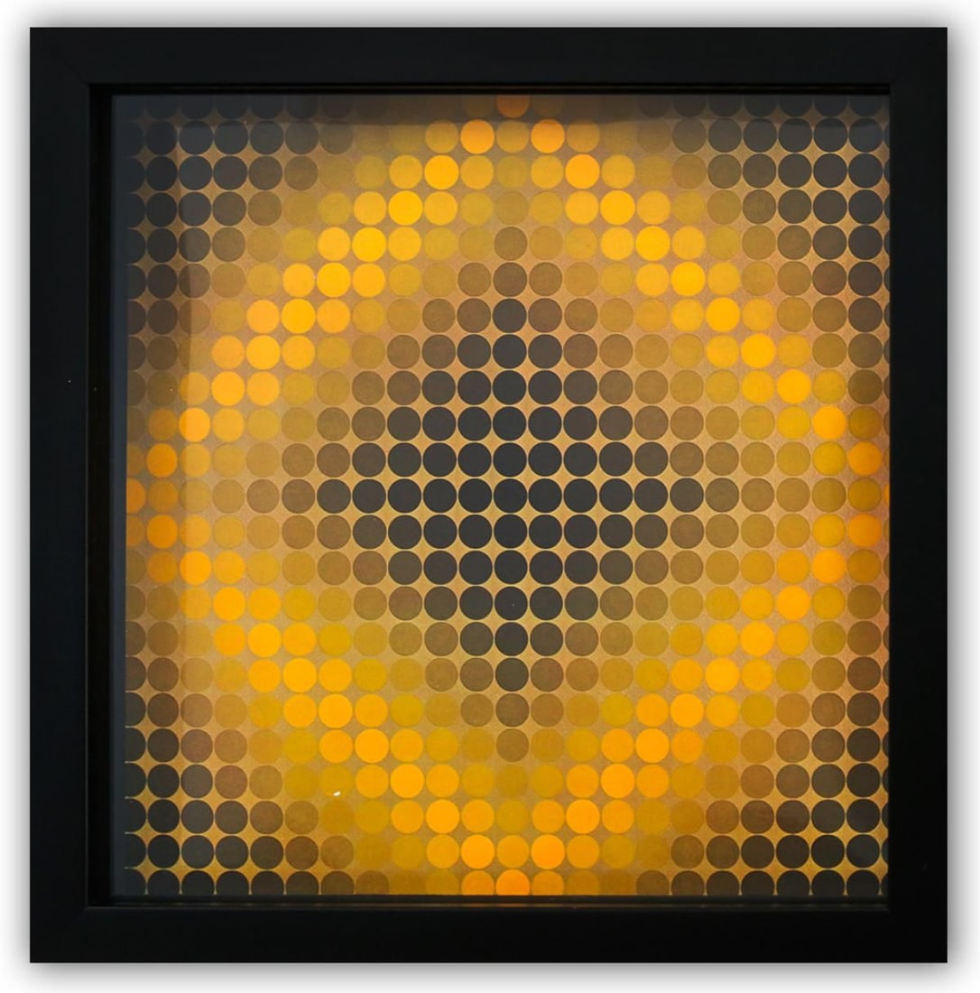 Victor Vasarely- Heliogravure Print "Untitled": Artist: Victor Vasarely. Medium: Heliogravure Print. Title: Untitled. Size: 11" x 11". Measures approx. 12" x 12" (framed). Certificate of Authenticity: Is Included. Additional: Custom Framed. Referen