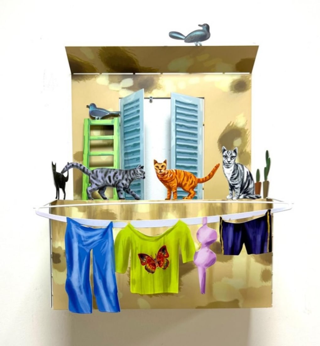 David Gerstein- Mixed Media Cutout Aluminum "Balcony with Cat": Artist: David Gerstein. Medium: Mixed Media Cutout Aluminum. Title: Balcony with Cat. Size: 18" x 24". Signature: Signed and numbered. Certificate of Authenticity: Is included. Additional: Limited