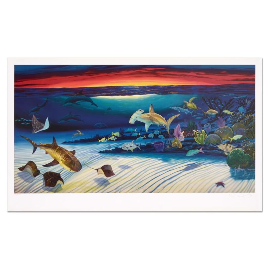 Wyland, "Sea Life Below" Limited Edition Lithograph, Numbered and Hand Signed with Certificate of: Sea Life Below is a limited edition lithograph on paper by Wyland, numbered and hand signed by the artist. Includes Certificate of Authenticity. Measures approx. 26.5" x 16" (border), 25" x 13" (image