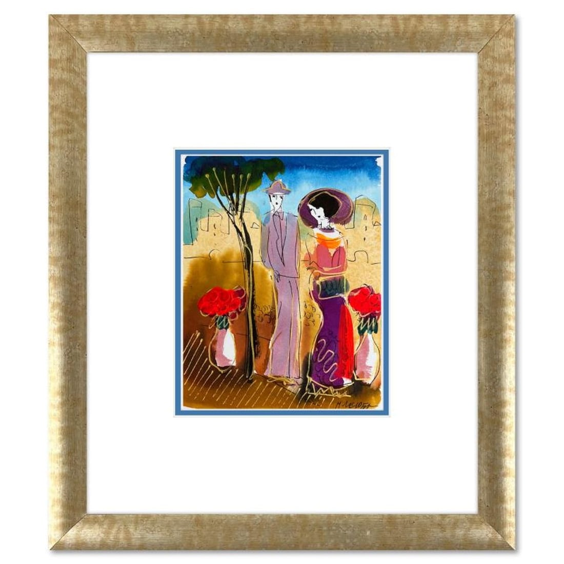 Moshe Leider, Framed Original Mixed Media Watercolor Painting, Hand Signed with Letter of: This is an original mixed media watercolor painting on paper by Moshe Leider. Hand signed by the artist, this piece comes custom framed and includes a Letter of Authenticity. Measures approximately 15