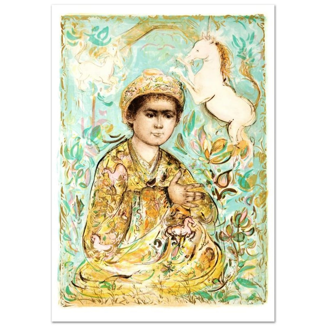 Little Rajah and the Unicorns Limited Edition Lithograph (29.5" x 41.5") by Edna Hibel (1917-2014),: Little Rajah and the Unicorns is a limited edition lithograph on paper, numbered and hand signed by Edna Hibel (1917-2014). Includes Certificate of Authenticity! Measures approx. 31.5" x 45" (with bor