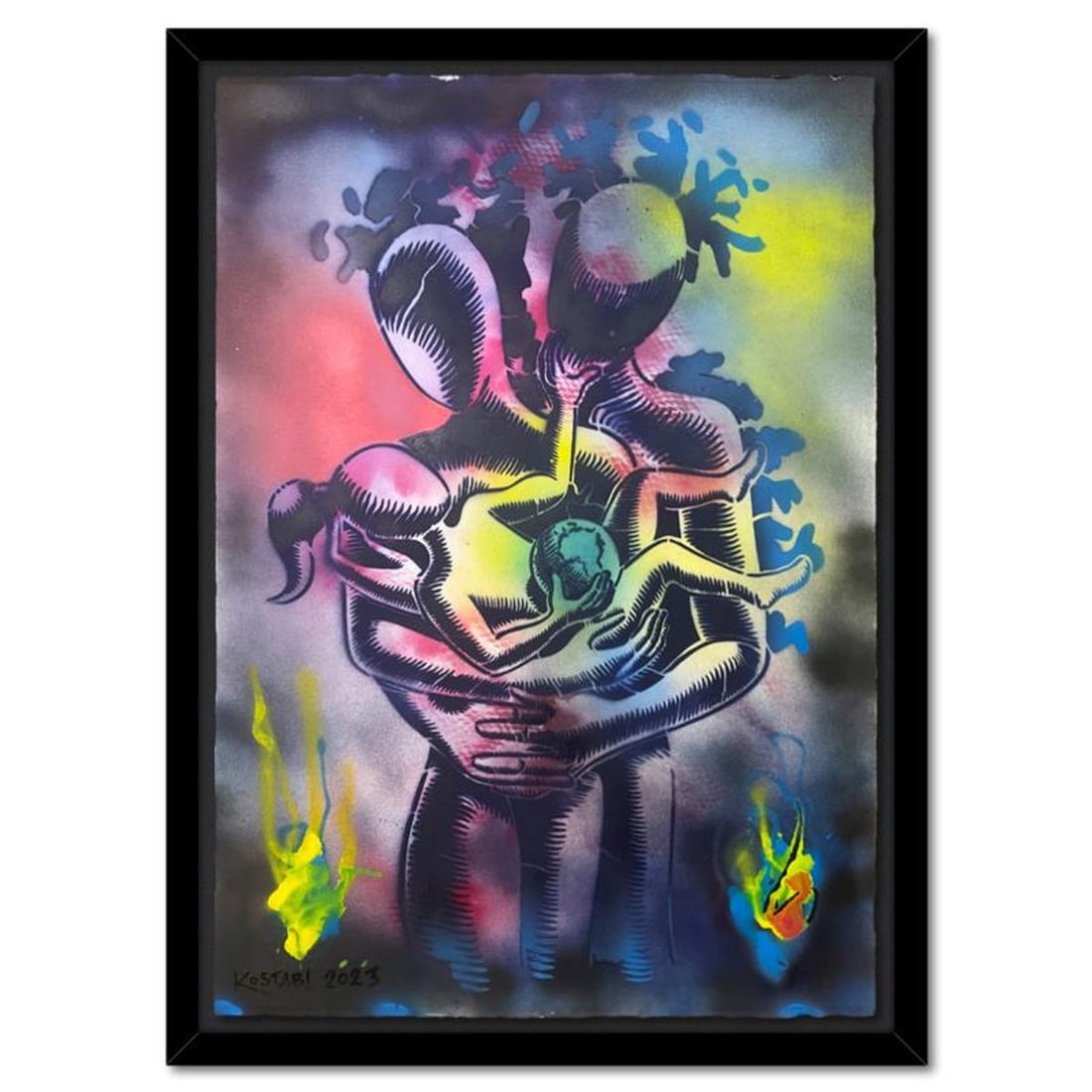 Mark Kostabi, "The World as We Know It" Framed Original Mixed Media Painting, Hand Signed with: The World as We Know It is an original mixed media painting on paper by Mark Kostabi, hand signed by the artist. The piece comes framed. Includes Certificate of Authenticity. Measures approx. 35.5" x 