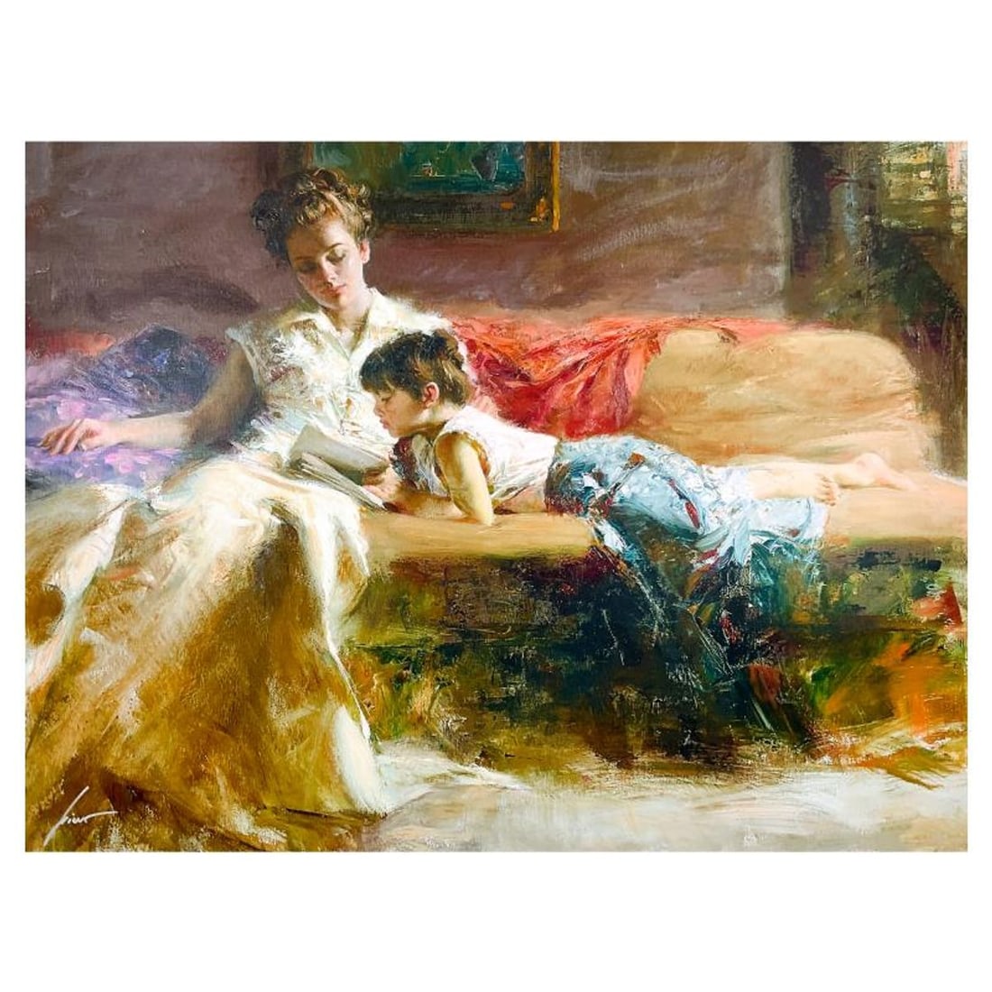 #1 in Edition: Pino (1939-2010), "Late Night Reading" Limited Edition on Canvas, HC Numbered 1/25: Late Night Reading is a limited edition giclee on canvas by Pino (1939-2010), HC numbered 1/25 and hand signed by the artist. Includes Certificate of Authenticity. Measures approx. 30" x 40" (image).