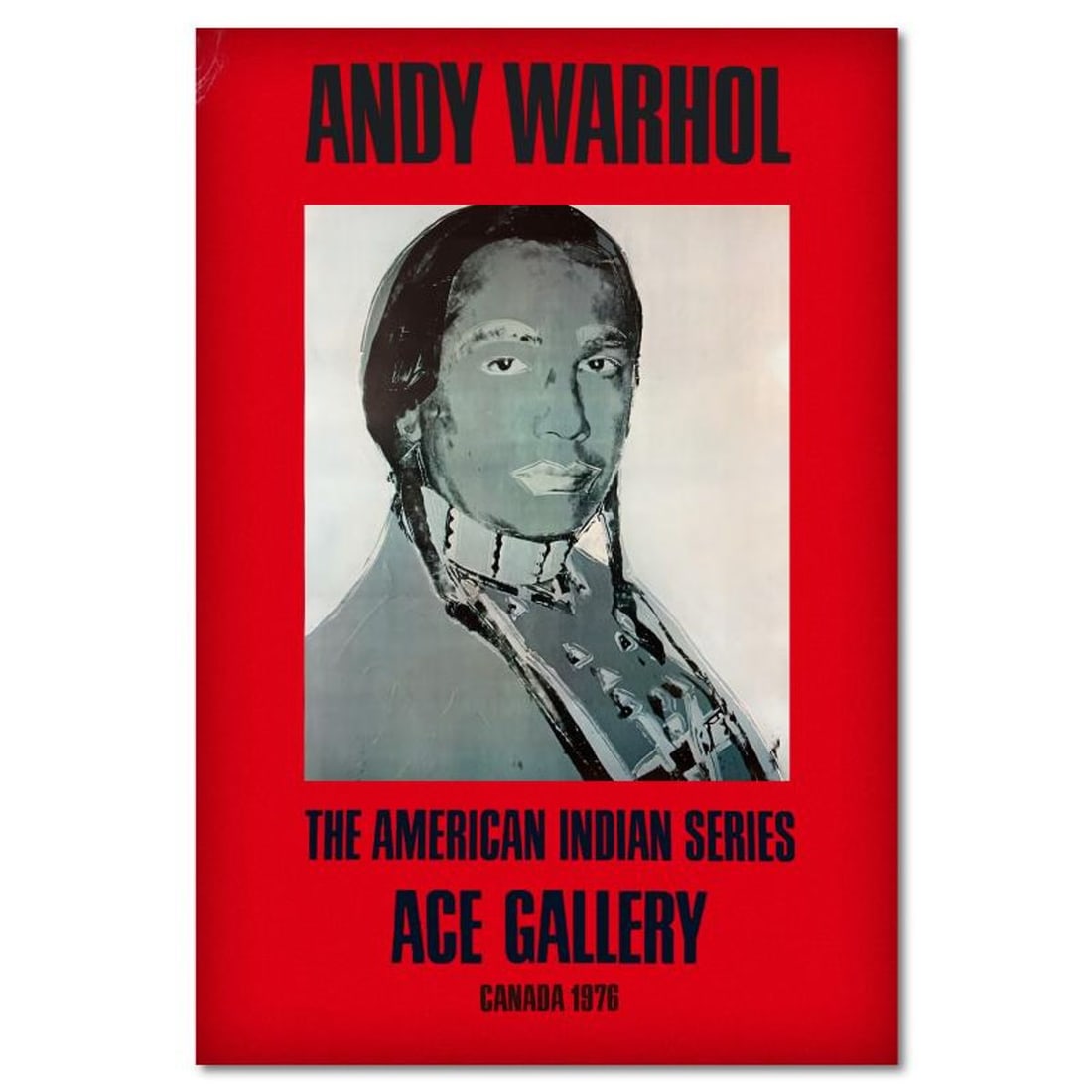Andy Warhol (1928-1987), "The American Indian Series (Red)" Vintage Poster (34.5" x 50") from Ace: This is a vintage poster by Andy Warhol (1928-1987) from the Ace Gallery, Los Angeles, CA. Includes Letter of Authenticity. Measures approx. 34.5" x 50" (image). Condition: Good. There may be some sma