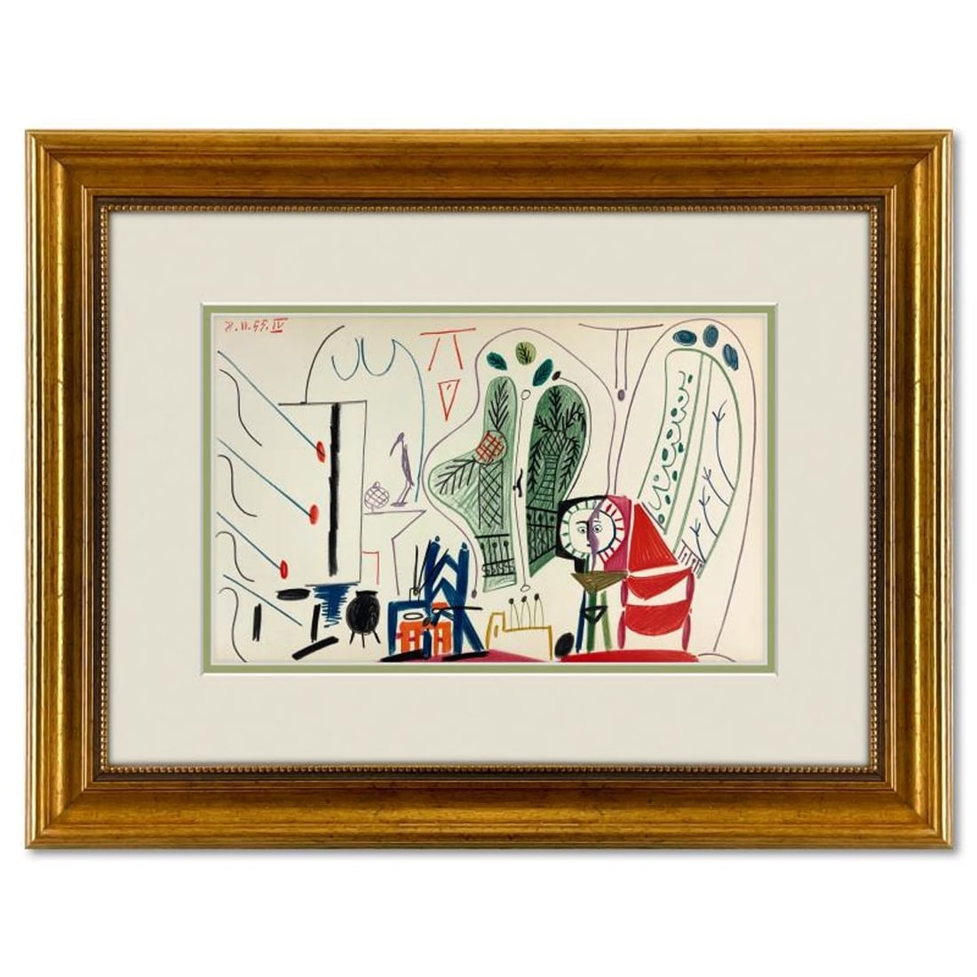 Pablo Picasso (1881-1973), "Carnet de Californie 8.11.55-IV" Framed Vintage Lithograph on Paper with: Carnet de Californie 8.11.55-IV is a vintage lithograph on paper by Pablo Picasso (1881-1973). This piece is from Picasso's Carnet de Californie Series and was printed in Paris, France by Mourlot Stud