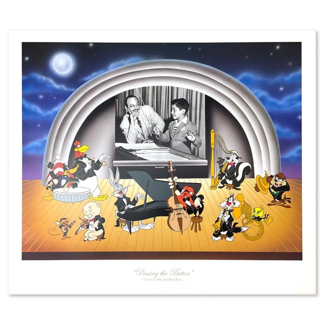 Passing the Baton Limited Edition Lithograph from Looney Tunes, Numbered with Letter of: Passing the Baton is a numbered limited edition lithograph from Looney Tunes. This piece is a tribute to Mel Blanc (1908-1989), the voice of Bugs Bunny, Daffy Duck and other animated characters, and h