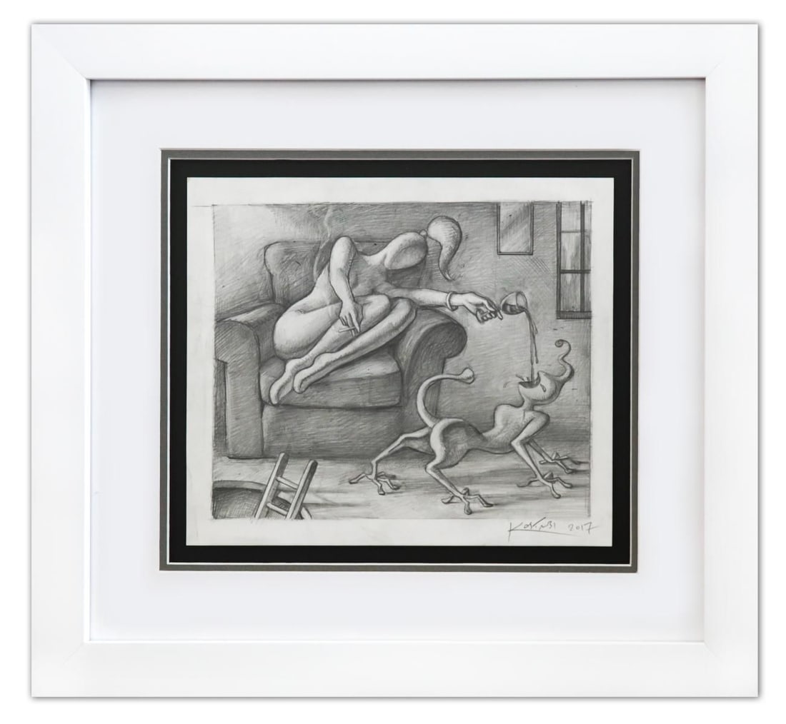 Mark Kostabi- Original Drawing on Paper "Indulgence": Artist: Mark Kostabi. Medium: Original Drawing on Paper. Title: Indulgence. Size: 12" x 14". Measures approx. 19" x 21" (framed). Signature: Hand Signed by the artist. Certificate of Authenticity: Is 