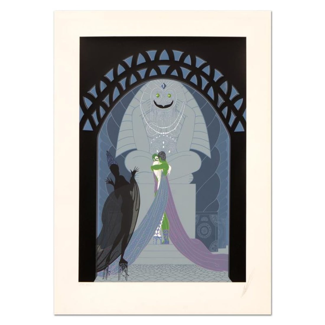 Erte (1892-1990), "Lovers and Idol" Hand Signed Limited Edition Serigraph, Numbered AP 9/50 with: Lovers and Idol is a hand signed limited edition serigraph on paper by Erte (1892-1990), numbered AP 9/50. Includes Certificate of Authenticity. Measures approx. 17" x 23" (border), 13" x 19" (image).