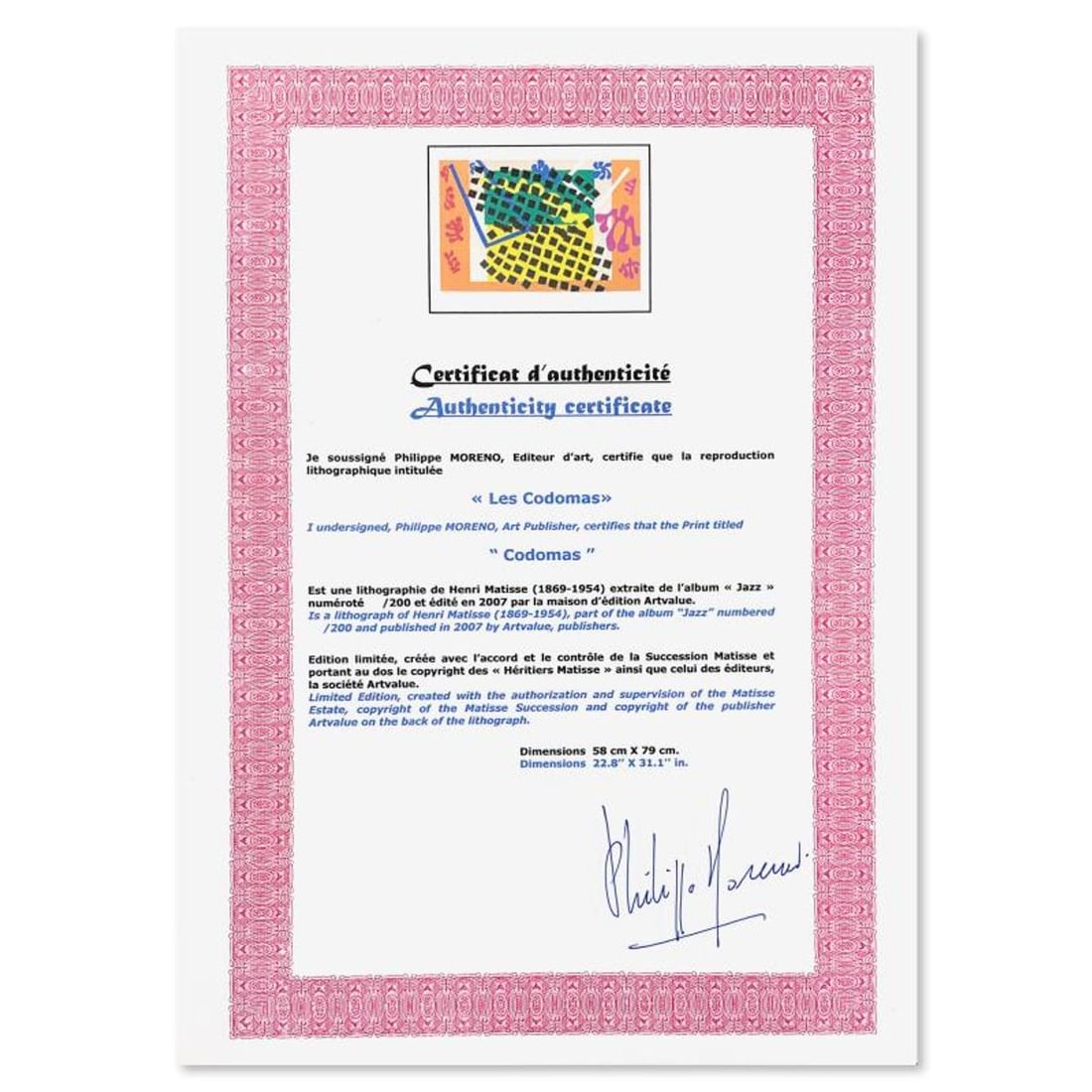 Henri Matisse 1869-1954 (After), "Les Codomas" Framed Limited Edition Lithograph with Certificate of - 2