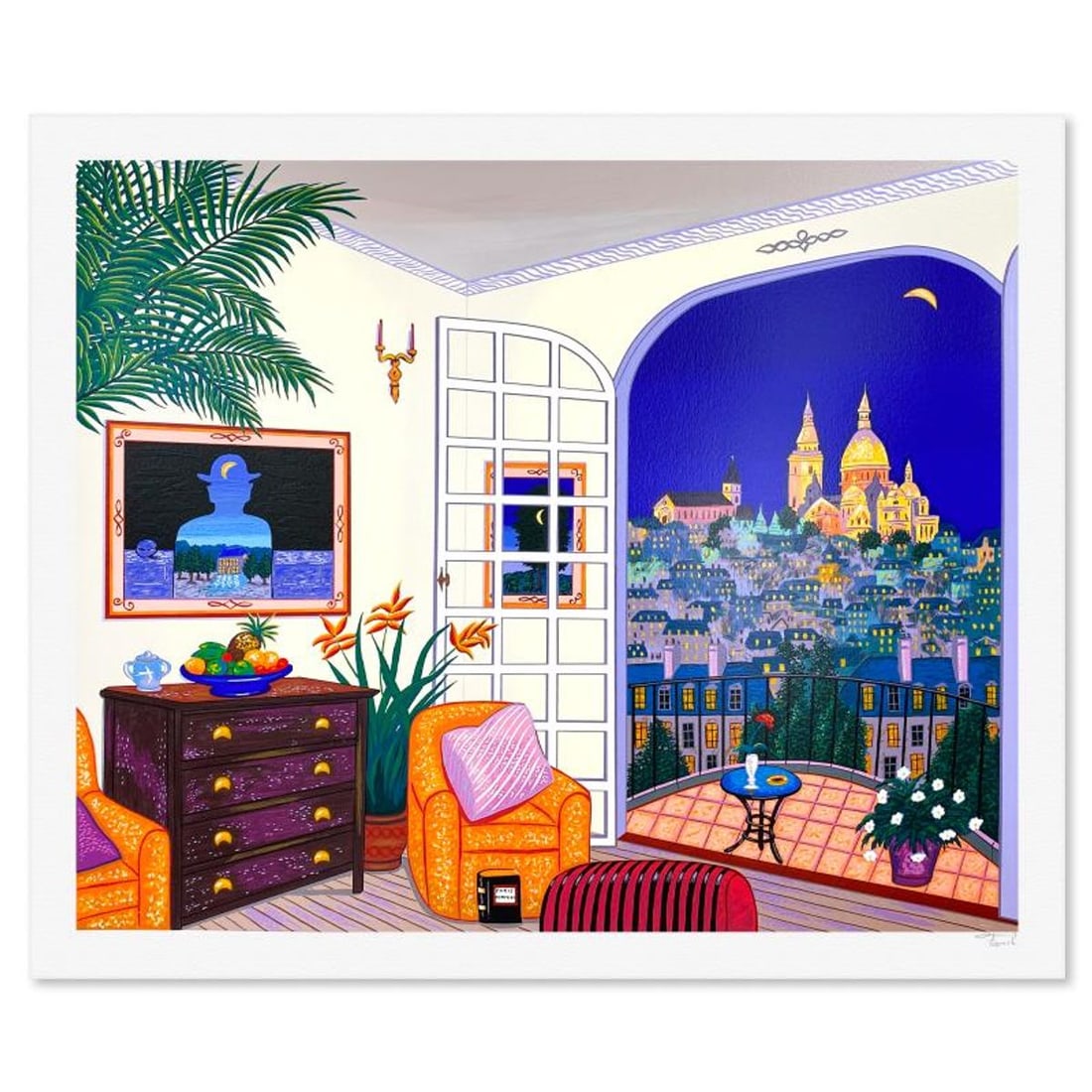 Fanch Ledan, "Interior with Magritte" Limited Edition Serigraph, AP Numbered and Hand Signed with: Interior with Magritte is a limited edition serigraph on paper by Fanch, AP numbered and hand signed by the artist. Includes Letter of Authenticity. Measures approx. 28" x 33.5" (border), 24.5" x 30" 